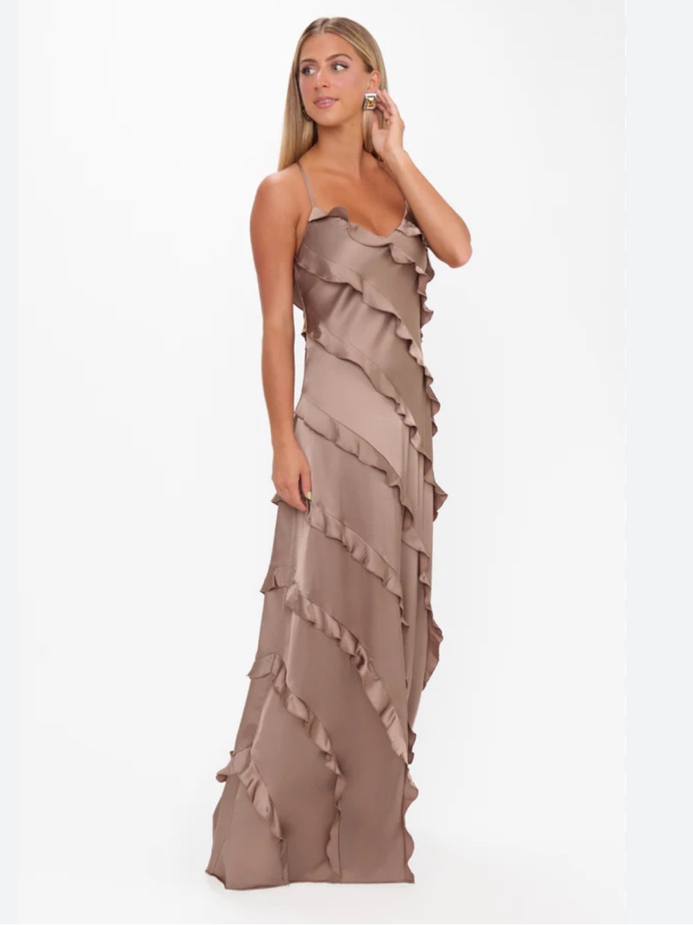 Show Me Your MuMu Mauve-Taupe Ruffle Slip Maxi Dress